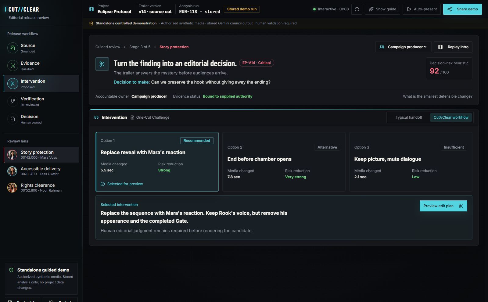 Actual guided-demo screen showing the recommended 5.5-second replacement