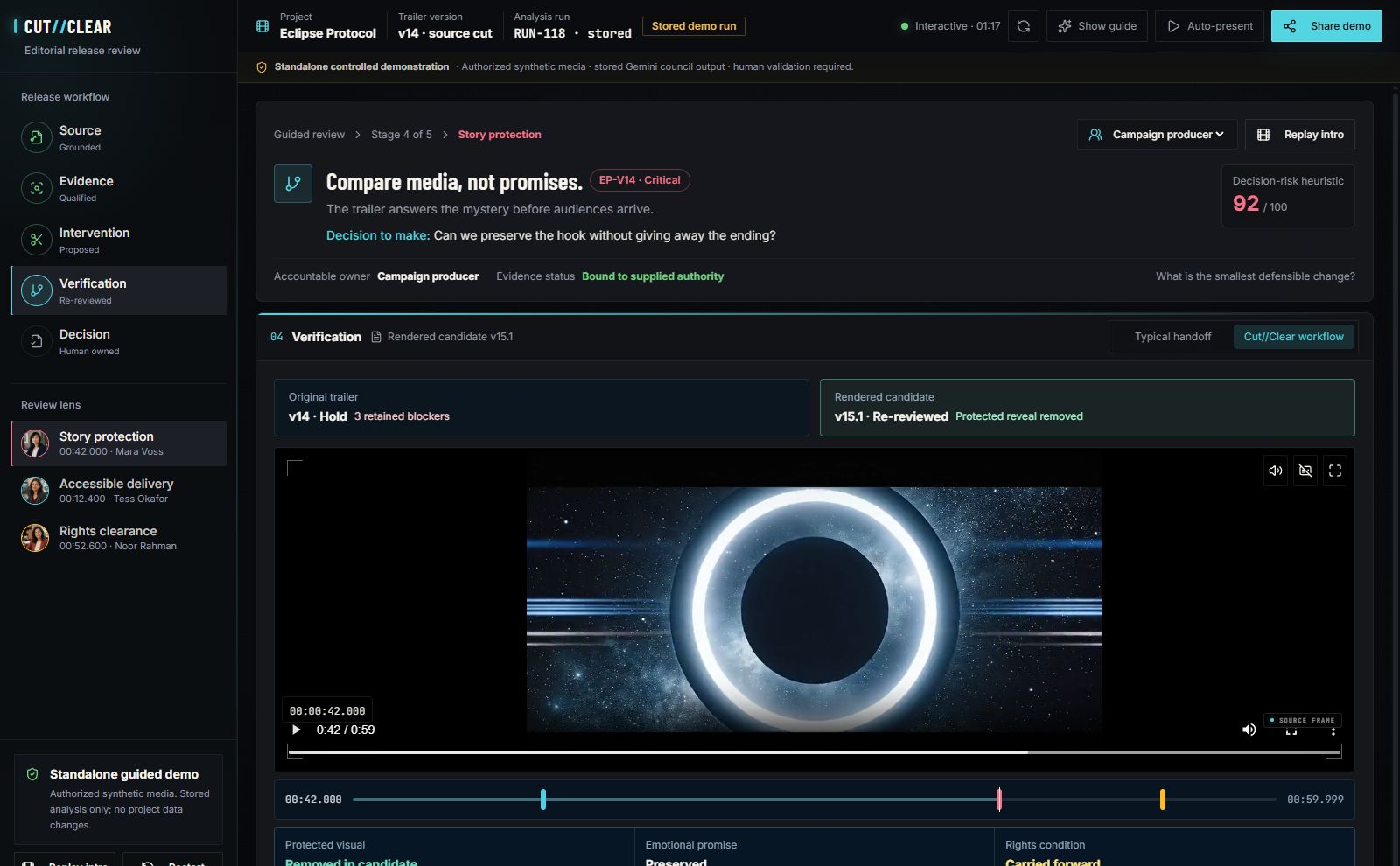 Actual guided-demo verification screen comparing source and candidate